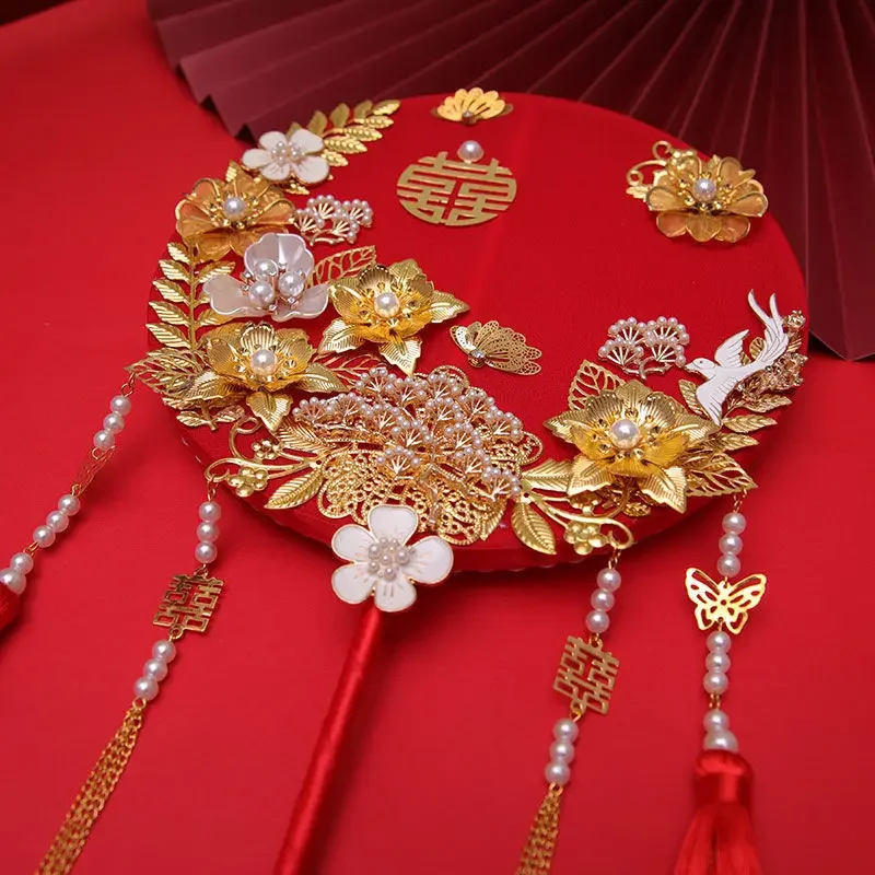 New Chinese Bridal Bouquet Fan Wedding Jewelry Accessories Finished Product DIY Material Package To Send Fan Frame + Gift Box