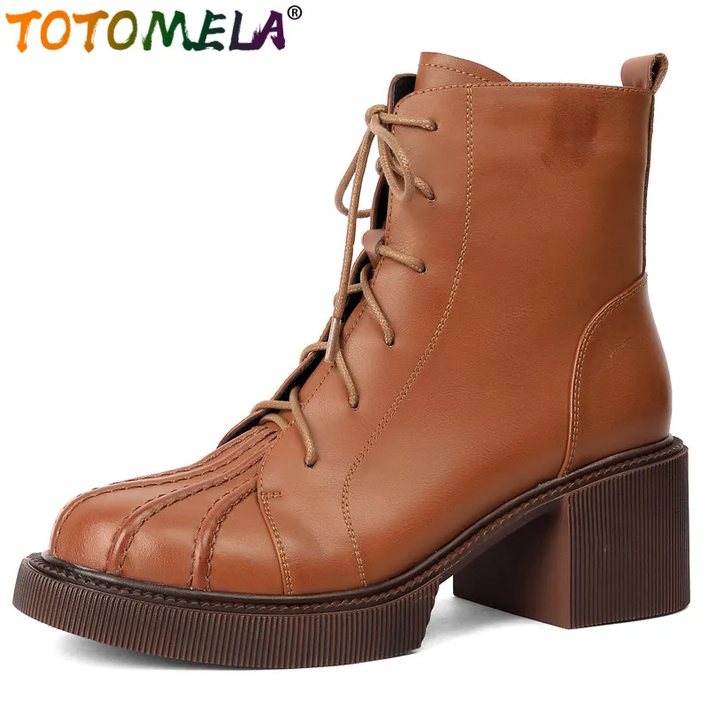 

TOTOMELA 2024 New Genuine Leather Narrow Band Winter Boots Square High Heels Ankle Boots Ladies Vintage Zipper Platform Boots