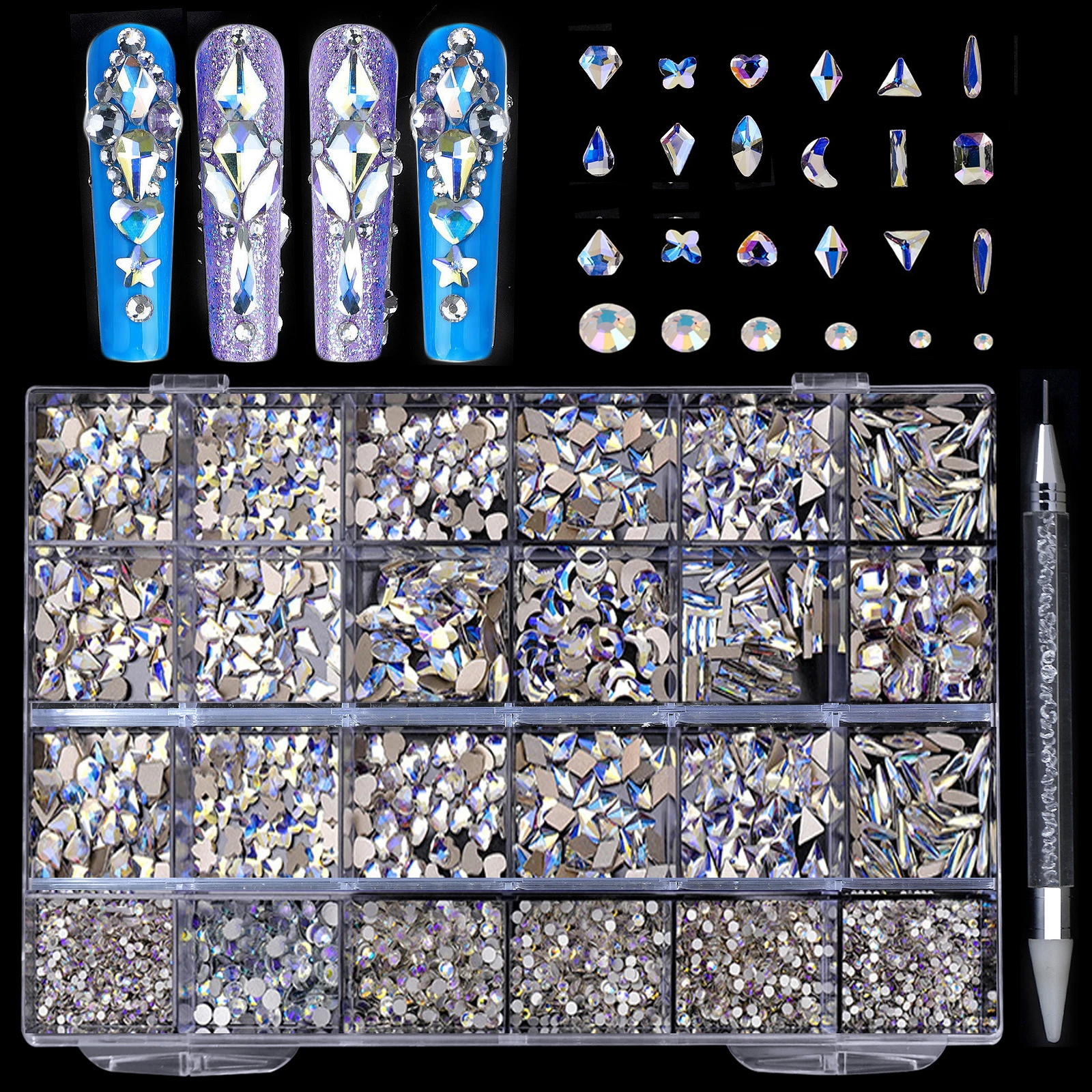 Hot Selling 24 Grids Nail Art Rhinestones Jewelry Set Multi-shapes Colorful Flatback Nail Charms Diamonds 3D Nails Accessories