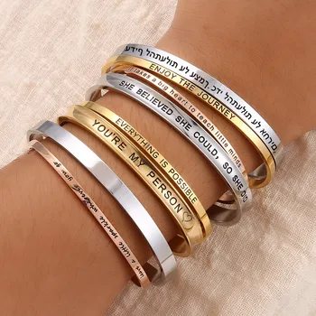Pulseira personalizada para mulheres, colar personalizado, barra gravada, nome, texto, mantra, manguito, joias de aço inoxidável para presente feminino