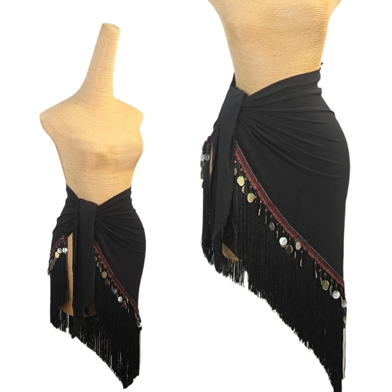 

New Latin Dance Clothes Women Tassel Scarf Black Sequin Fringe Skirt Adult Rumba Cha Cha Samba Dance Practice Clothing DNV23661