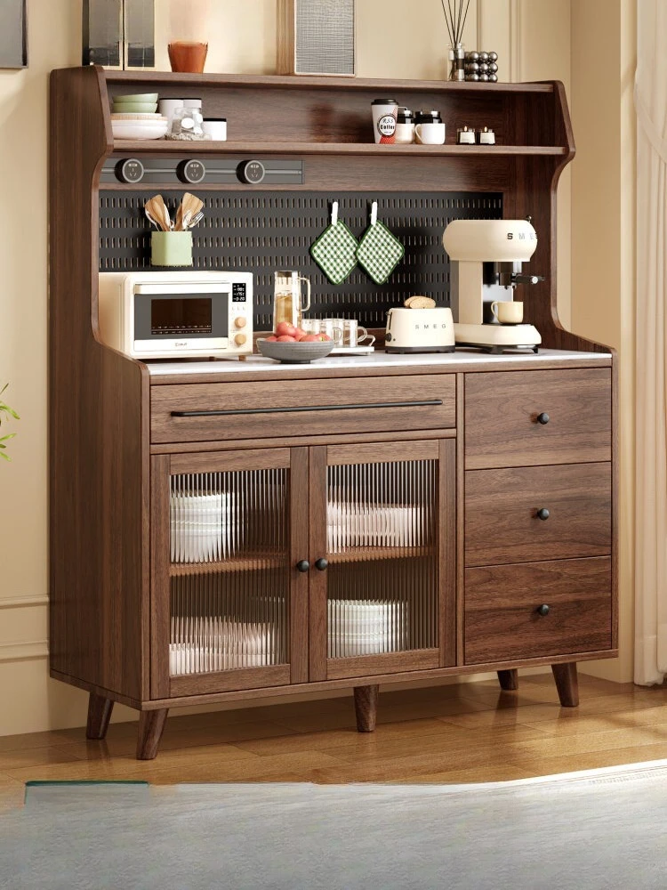 Customizable Solid Wood Sideboard Sintered Stone Top Pegboard Storage Sliding Outlet Fluted Glass ENF Living Dining Room Furnitu
