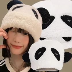 Cute Panda Ears Plush Hats Winter Women Girls Thicken Warm Elastic Cap Versatile Outdoor Riding Pullover Cap Fashion Casual Gift