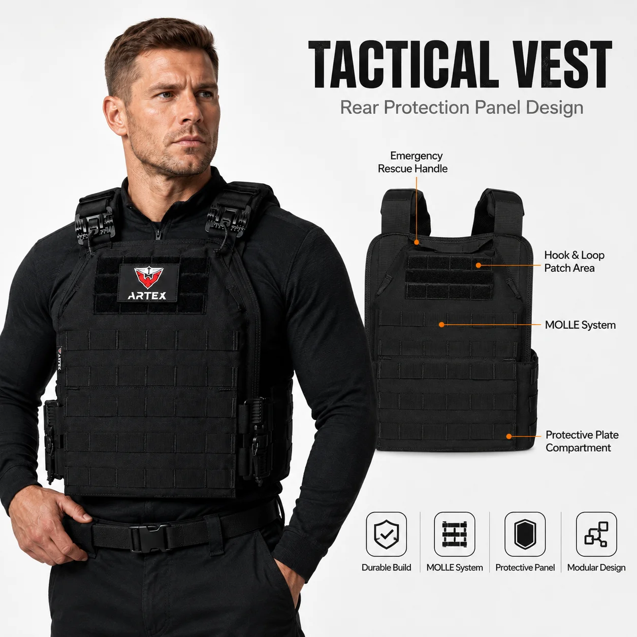 ARTEX 1000D Polyester Tactical Plate Carrier Vest Quick Release MOLLE Airsoft Paintball Combat Gear Black
