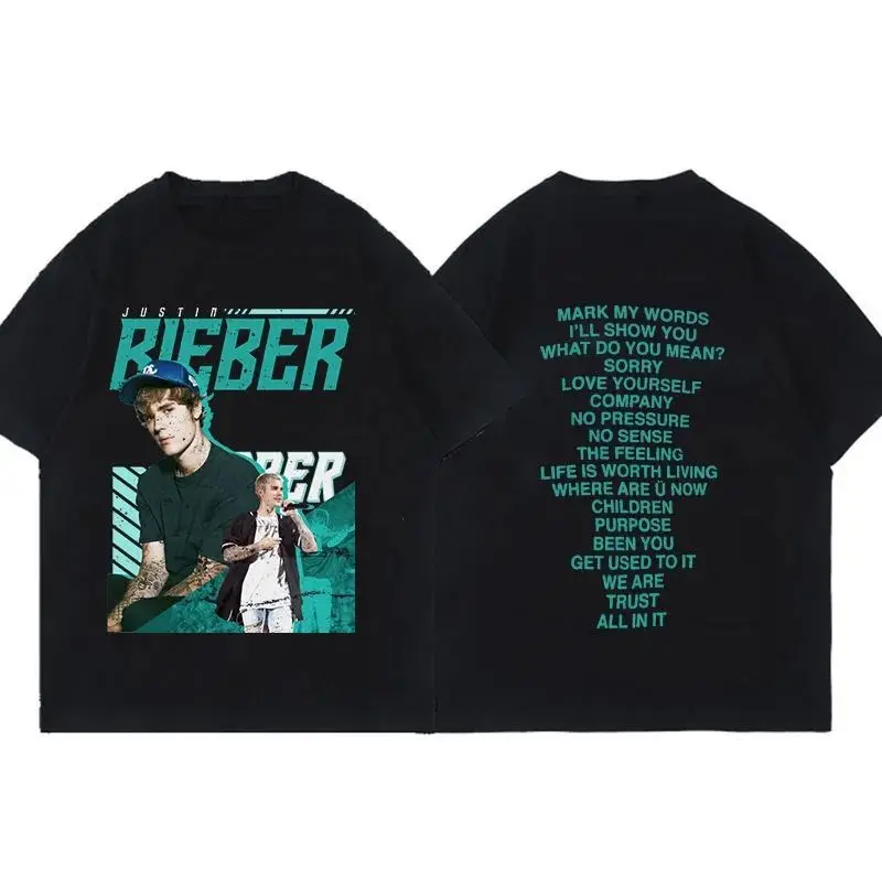 Justin Bieber European and American Pop Singer Portrait Double-sided Print T-shirt for Men Women Cotton Loose Short Sleeved