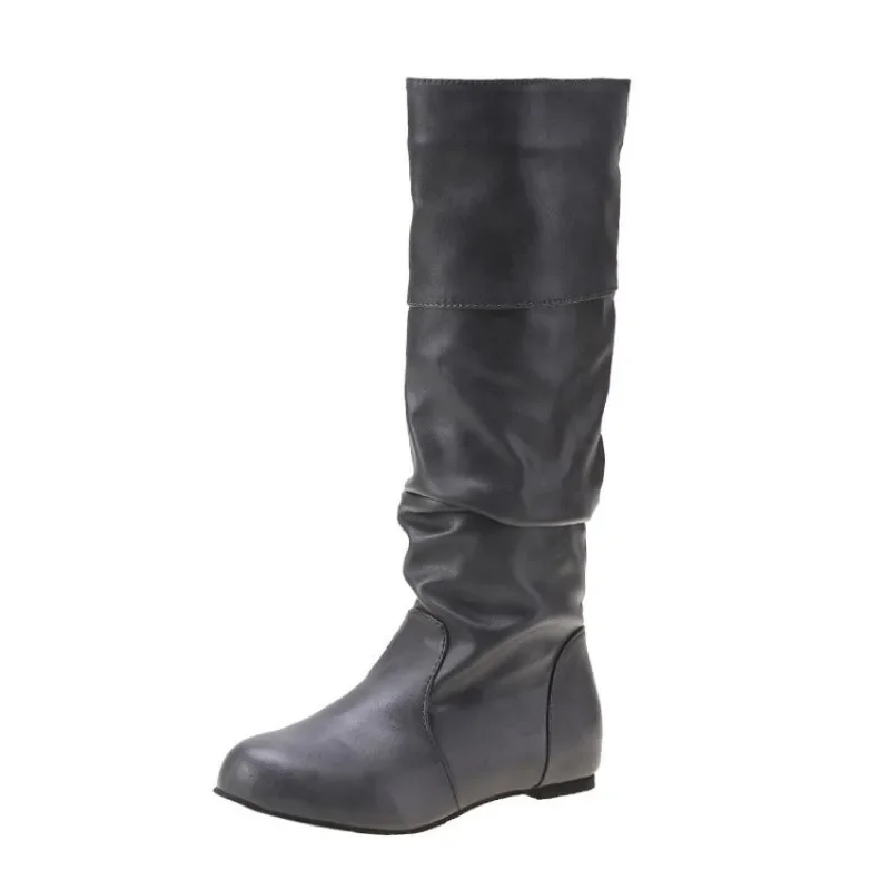 Women Knee High Boots Autumn Winter Female Shoes Fashion Female Slip-on Folds Low Heel Round Toe Flat Long Boots Botas De Mujer