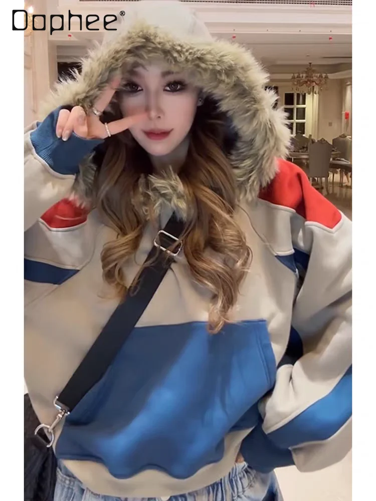 

2025 Autumn Winter New Fashion Casual Pullover Sweatshirt with Color Block and Faux Fur Collar Korean Style Hoodies Women
