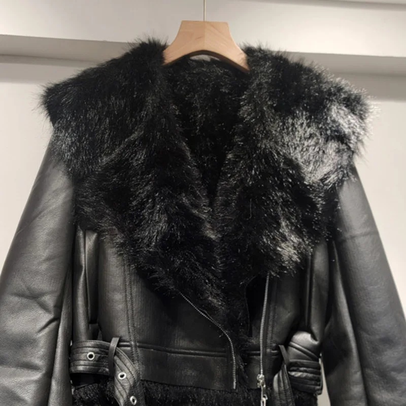 HKSH 2025冬新作 レディース ショートオーバーコート フェイクファー 大きめラペル パッチワーク PUレザー ジップアップ バイク ストリートウェア ジャケット HK12494