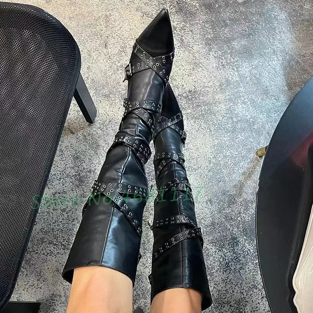 Cross Belt Buckle High Heels Boots Women Pointy Toe Sexy Rivets Knee High Boots Casual Outfit Street Style Cool Girl\'s Shoes