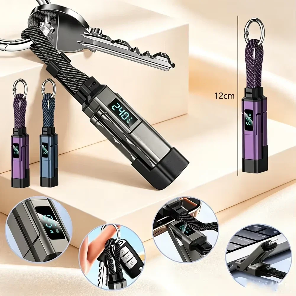 4-in-1 65W Keychain Charging Cable with LED Digital Display Retractable USBC to Lightning/TypeCLanyard Data Cable for iPhoneiPad