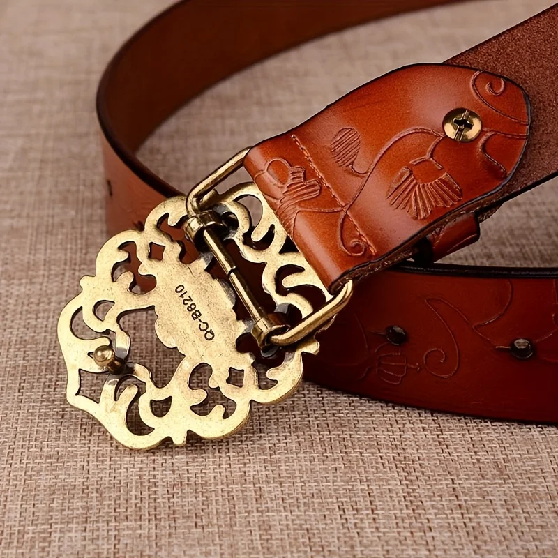 Women Split Cowhide Wide Belt Vintage Floral Embossed, Antique Hollow Flower Buckle, For Casual T Shirts Denim Pants