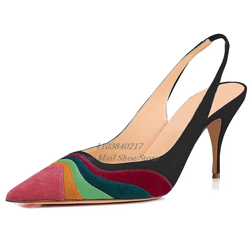 Rainbow Color Suede Patchwork Pointed Toe Chunky Heel Stiletto Pumps Shallow Mouth Slip On Women's Classic Dress Shoes