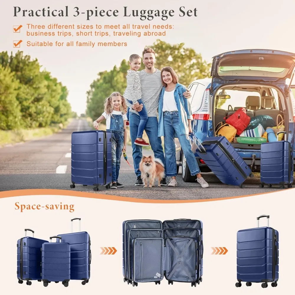 3-Piece Luggage Sets, Hard Shell ABS Suitcases with Double Spinner Wheels, Lightweight Expandable Rolling Travel Luggage