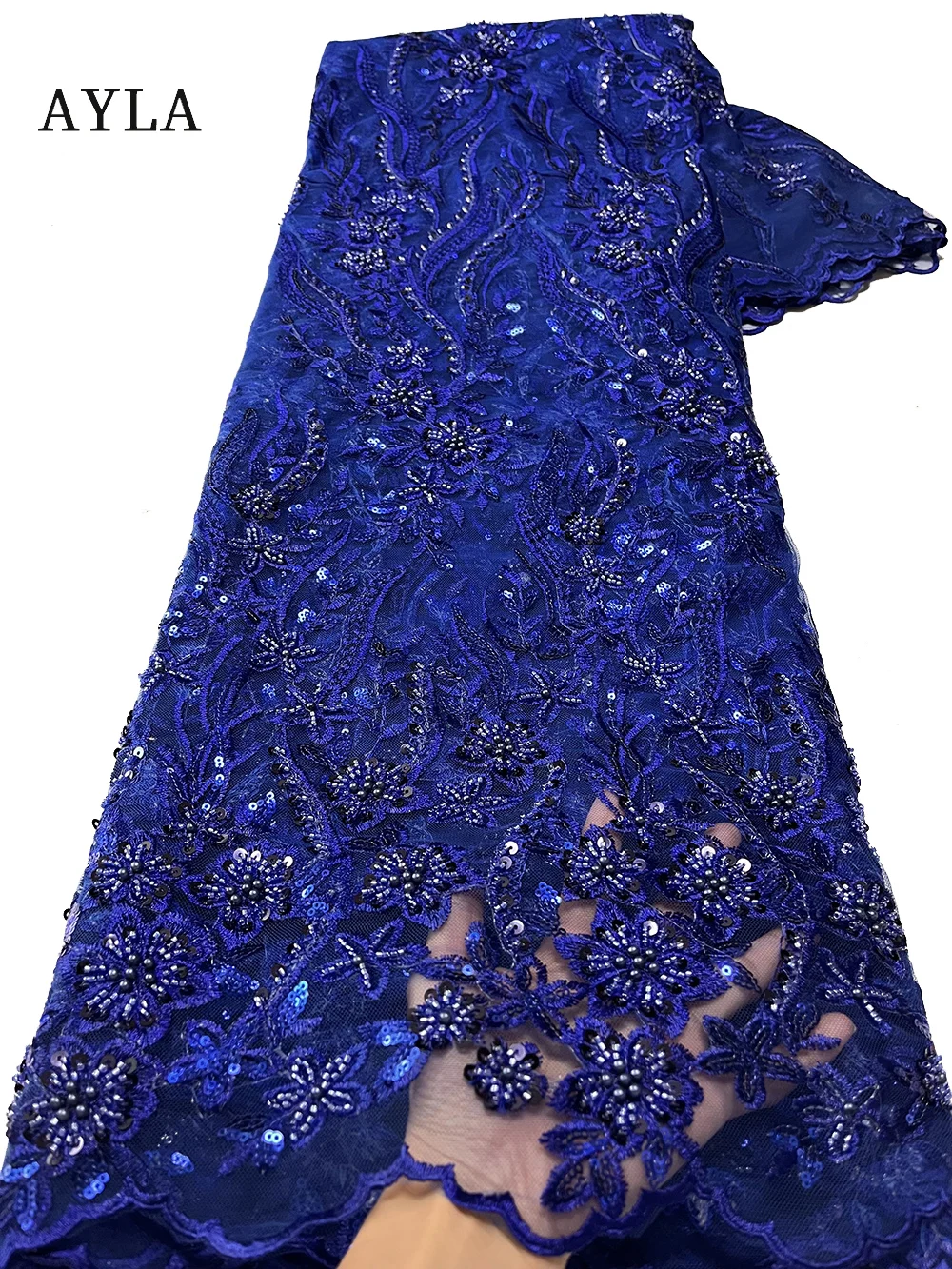 Modern Nigerian Heavy Beaded Lace Fabric Luxury Royal Blue Dubai Tulle Embroidery Lace Fabric for Evening Dress Bridal Fabrics