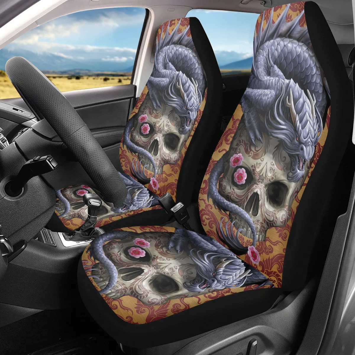 3D Gothic Skull Print Slip-Resistant Universal 2pcs Set Easy to Install Car Seat Cover Car Accessories fit SUV coprisedili auto