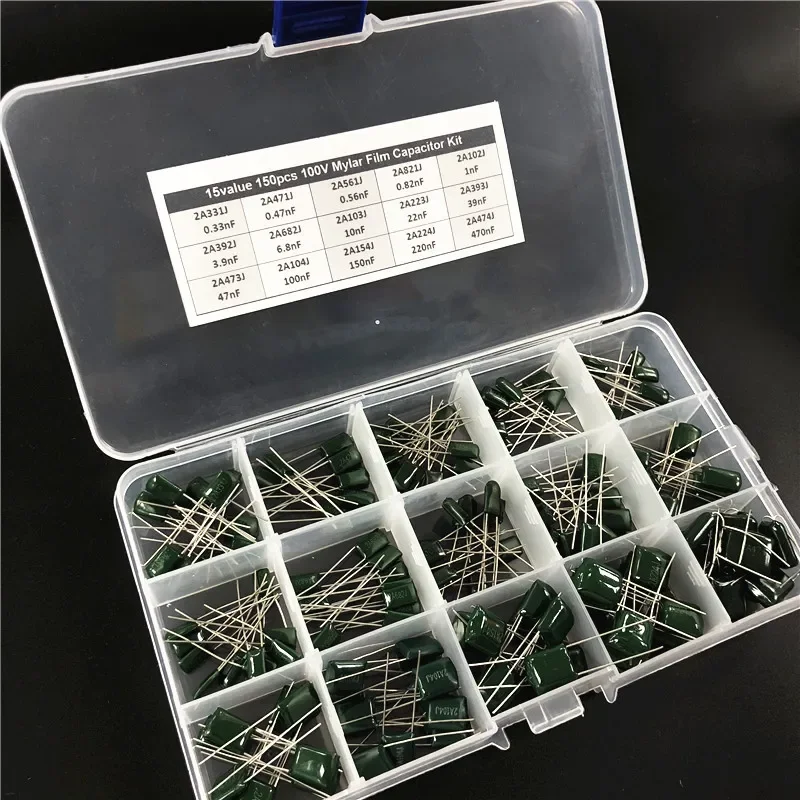 15Value 150pcs capacitor kit 100V 2A331J to 2A474J Polyester Film capacitor Assorted Kit with storage box