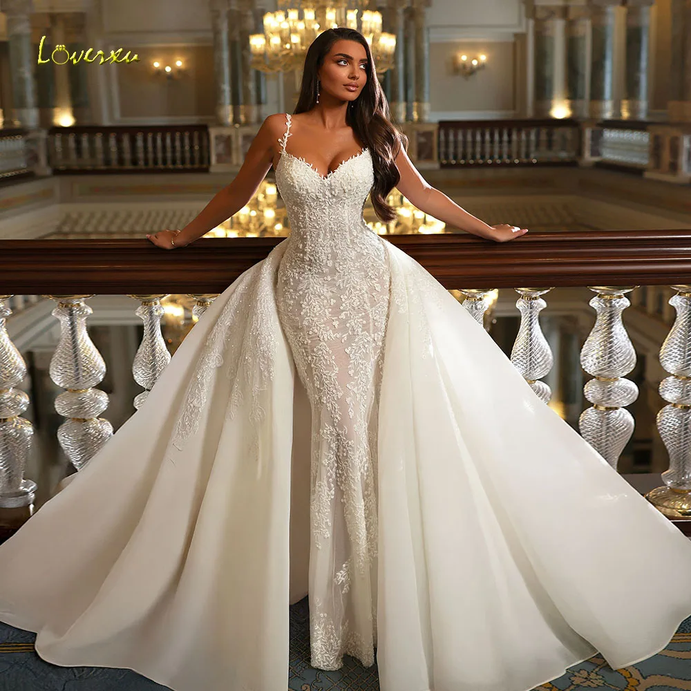 Loverxu Mermaid Sexy Wedding Dresses Spaghetti Straps Vestido De Novia Lace Appliques Detachable Train Custom Made Bridal Gowns