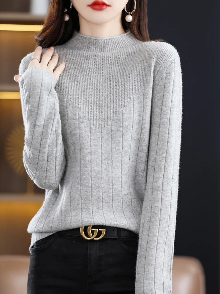 ขนสัตว์บริสุทธิ์ 100% เสื้อกันหนาวผู้หญิงนุ่มอบอุ่นครึ่งสูง Casual Pullovers ฤดูใบไม้ผลิฤดูใบไม้ร่วงหญิงแขนยาวคุณภาพสูงจัมเปอร์