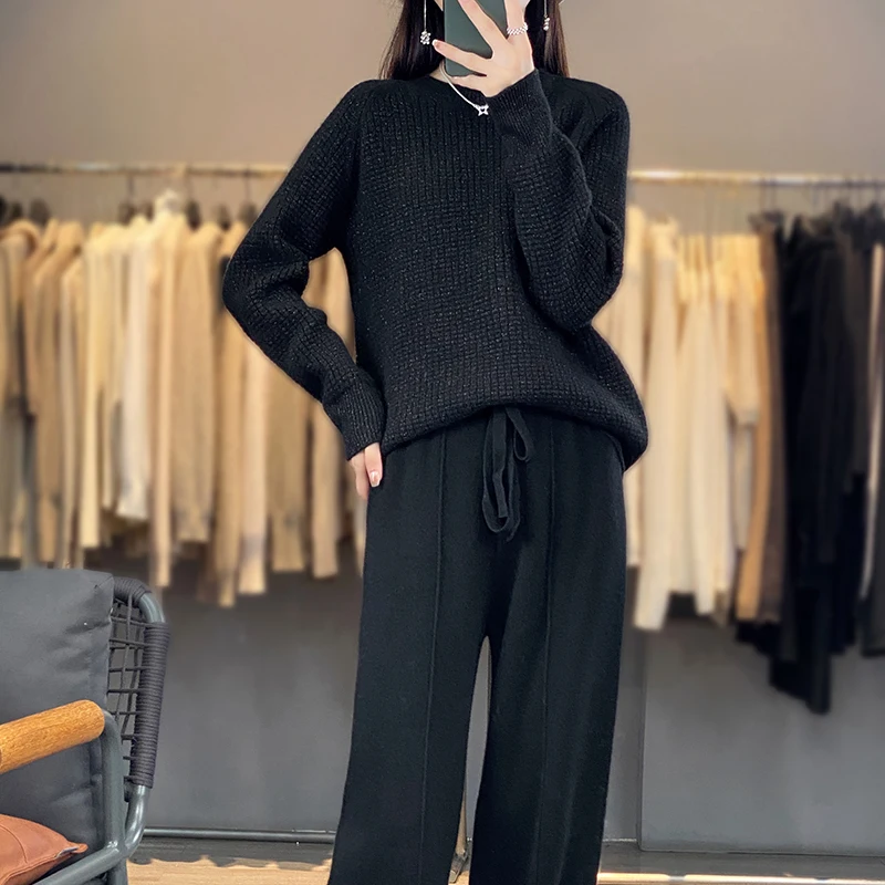 100% pure wool two-piece women\'s autumn and winter new round neck loose casual long-sleeved sweater cashmere pants suit