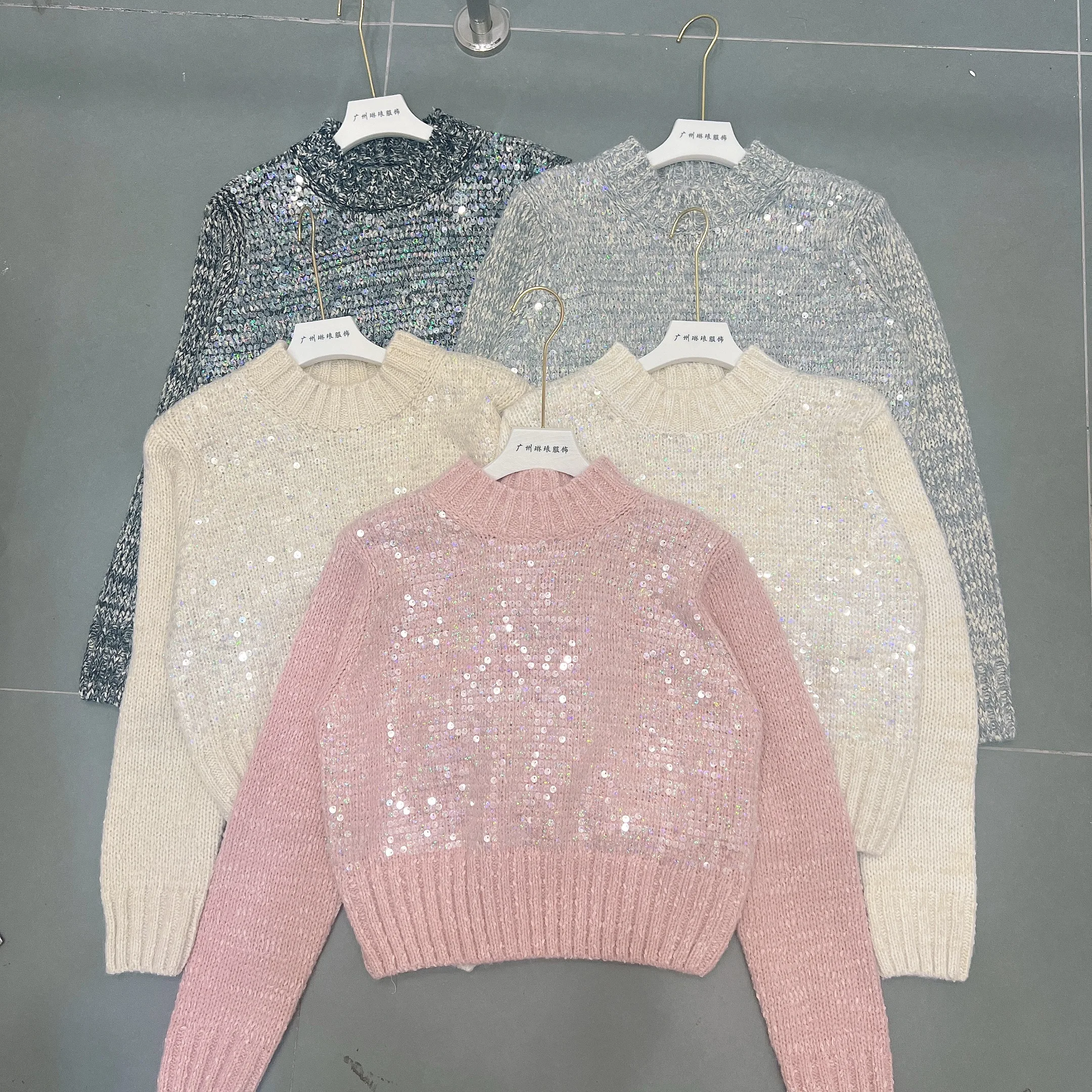 Fashion Sequins Sparkly Pullovers Classical Knitted Sweater Vintage Long Sleeve Streetwear Autumn Winter Elegant Soft Tops C45