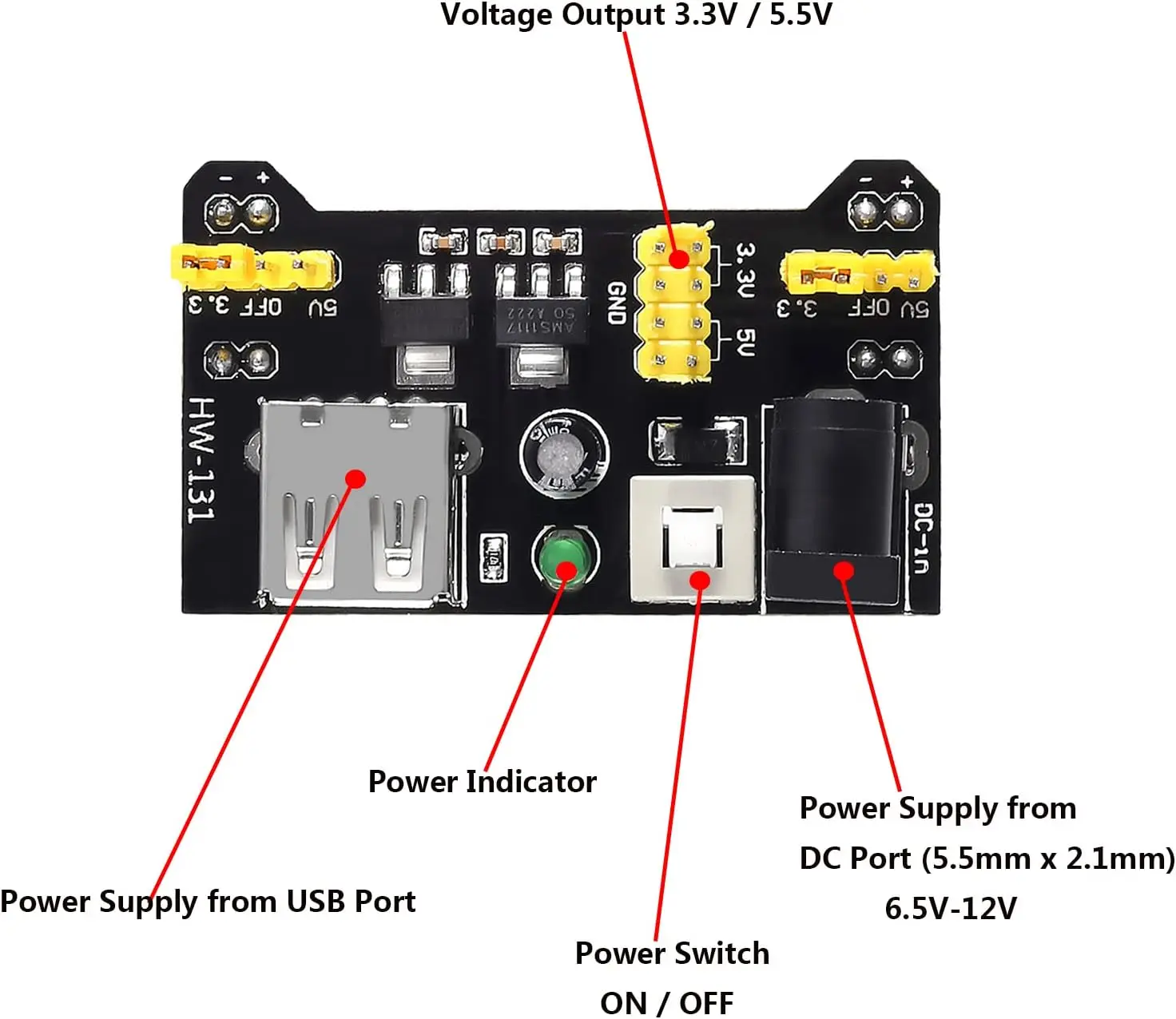4pcs MB102 Solderless Breadboard Power Supply Module 3.3V/5V with 4pcs 9V Battery Clip Buckle T-Type Power Cable Male 2.1MM DC
