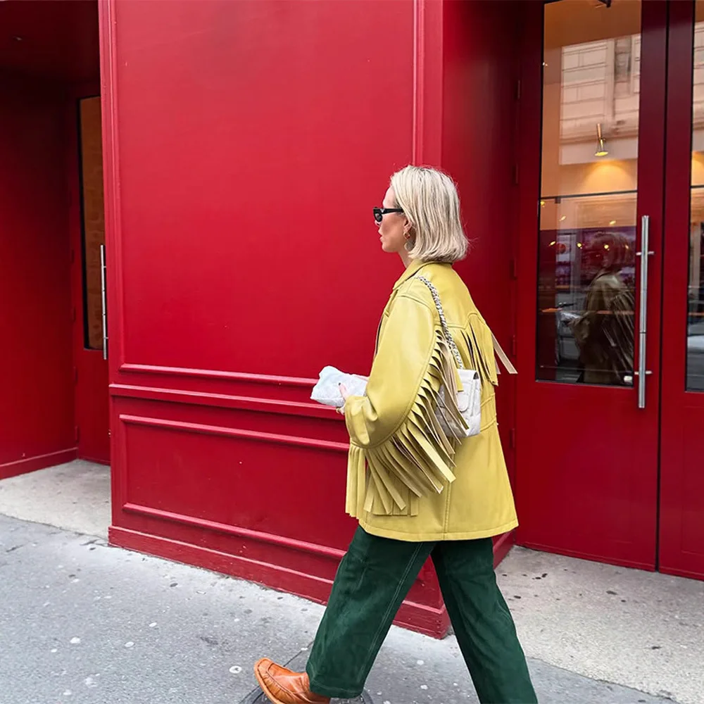 Kurtka skórzana damska w stylu streetwear, jednolity kolor, z frędzlami, nowość na jesień i zimę, styl europejski i amerykański.