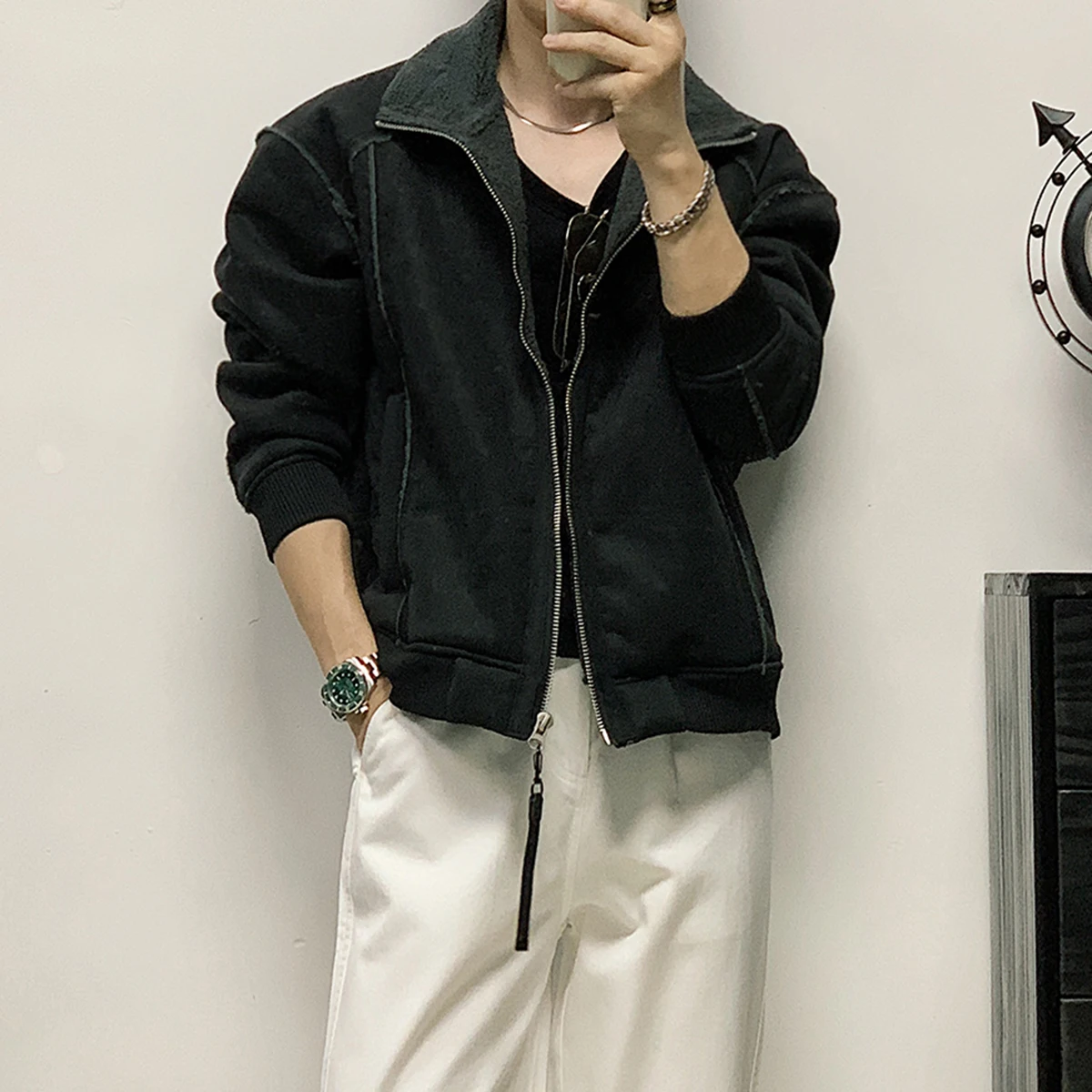 

Men's Cotton Jaet Suede Outerwear Simple Sli Korean Faion Warm Long Sve Stand Fit Casual Urban Sle Coat