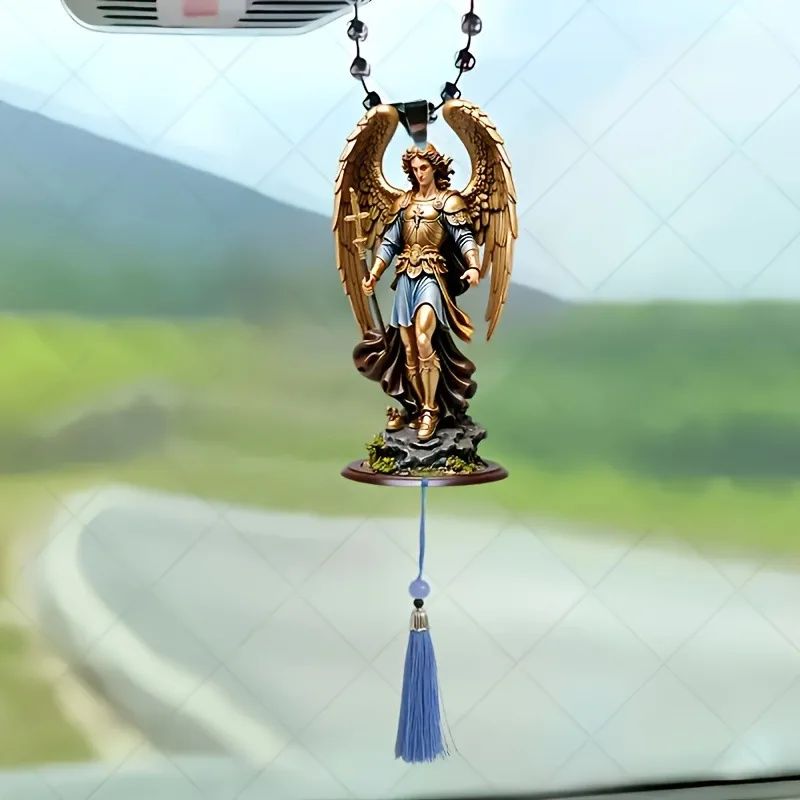 2D Acrylic Angel Michael Statue Keychain Car Wing Mirrors Hanging Guardian Angel Holding Sword Religious Home/Car Hanging Decor