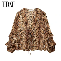 TRAF 2024 Print Ruffle Blouse Female Tied Summer Shirts and Blouses for Women Long Sleeve Women's Blouses Holiday Beach Blouses