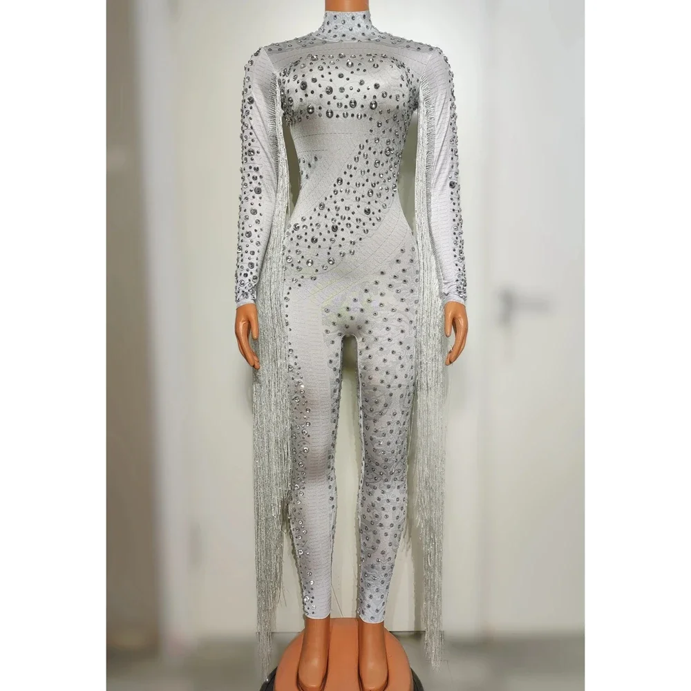 Combinaison à Franges Rouges avec Strass pour Femme, Costume de brevSexy, Tenue de Scène, Soirée, Anniversaire