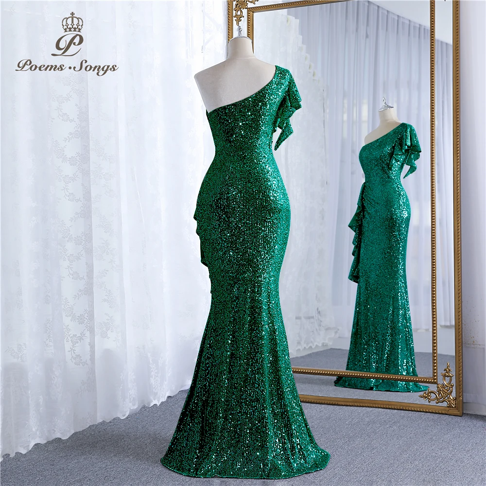 Sequin dress one shoulder green women\'s evening dress vestidos formales vestidos de fiesta robe de soiree de mariage party dress