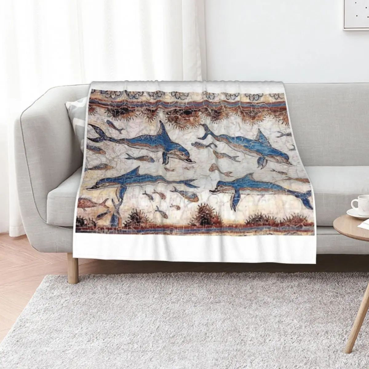 Minoan Dolphins Fresco Throw Blanket Flannels Luxury Designer Decorative Sofa Decorative Beds Summer Sleeping Bag Blankets