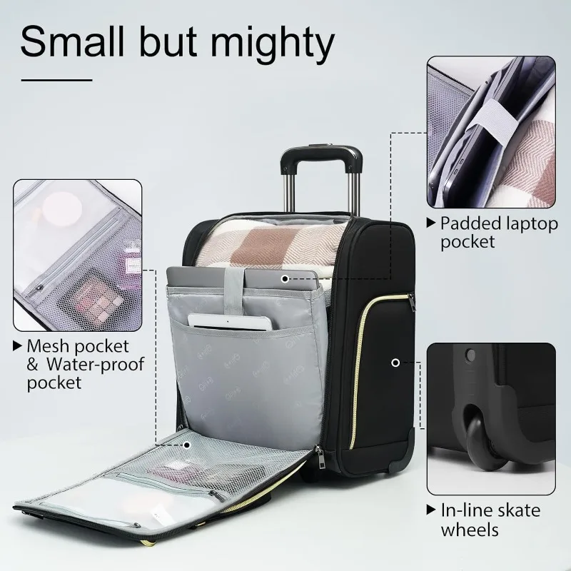 Luggage Carry On Luggage Underseat Luggage Suitcase Softside Wheeled Lightweight Rolling Travel Bag Underseater(16-Inch)