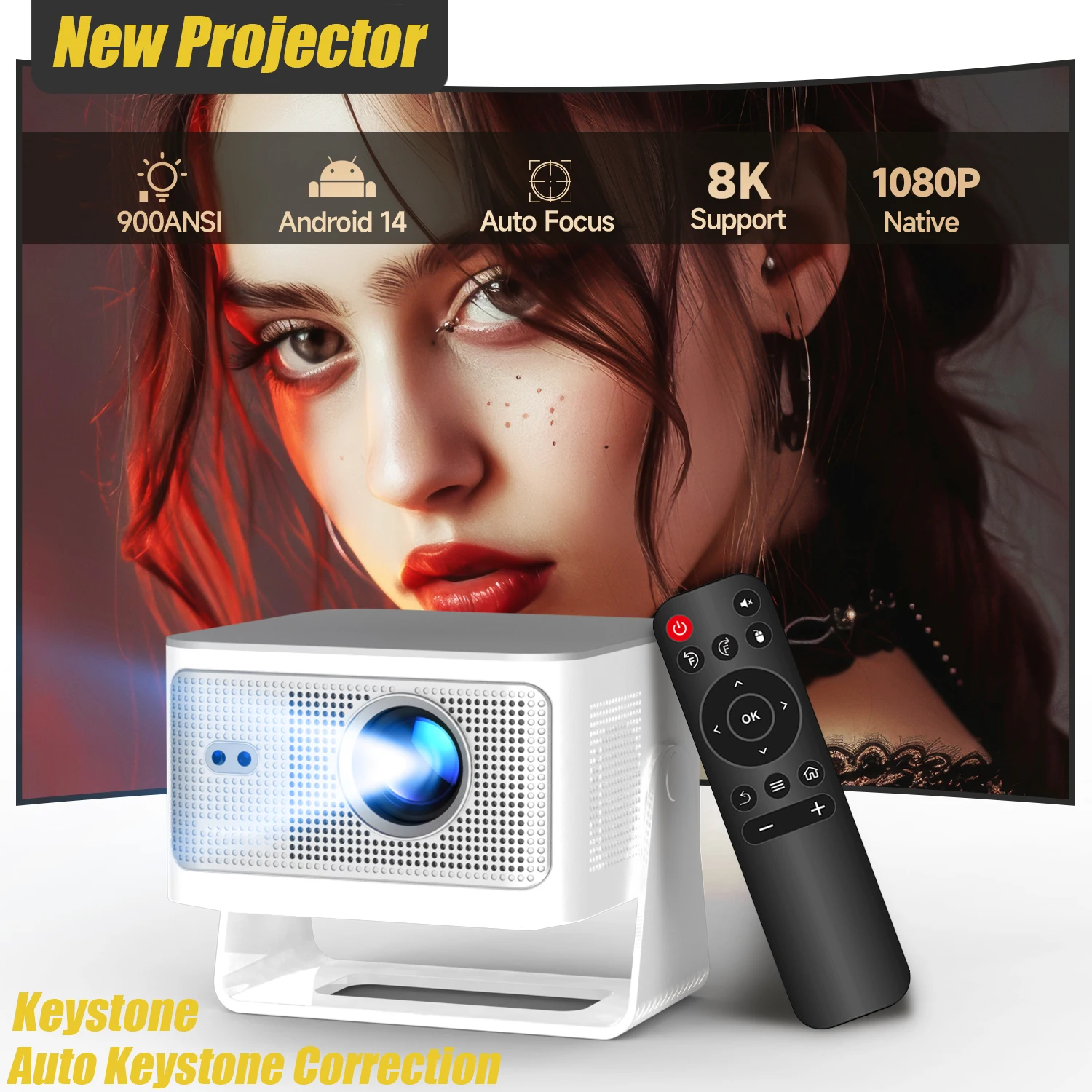 Projecteur HY350MAX Android 14 Allwinner H726 | 900 ANSI Lumens, Focus Automatique, Résolution Native 1080P, Prend en Charge la Lecture 8K | Idéal pour Usage Familial et Projections en Plein Air