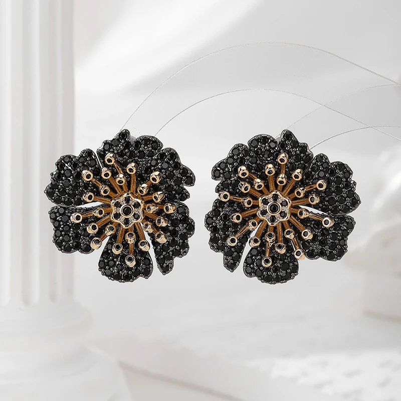 SENYU Luxury Cubic Zirconia Flower Earrings Exquisite Design Women Large Stud Jewelry for Party Brazil Wedding Bride