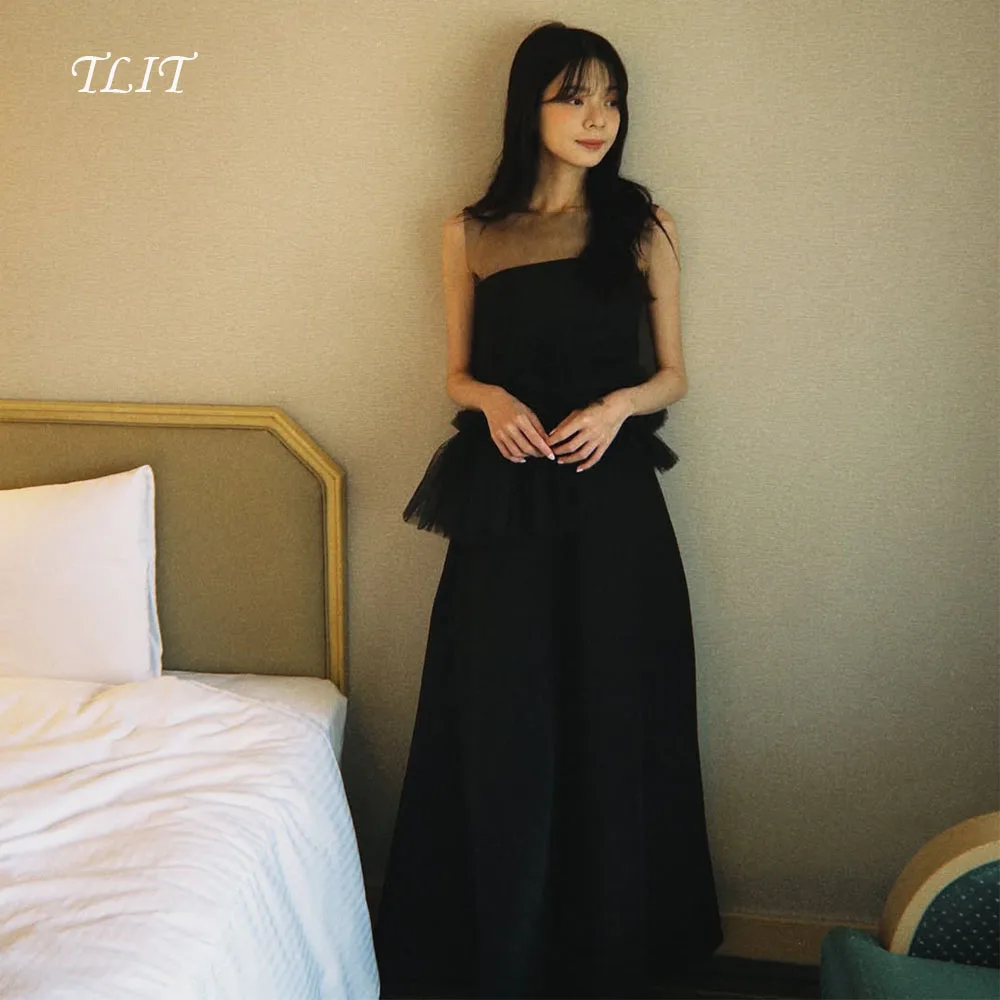 TLIT أنيق أسود الحرير الساتان ألف خط فستان الزفاف مخصص س الرقبة الأسود تول فستان زفاف كوريا فستان الزفاف صور تبادل لاطلاق النار #1