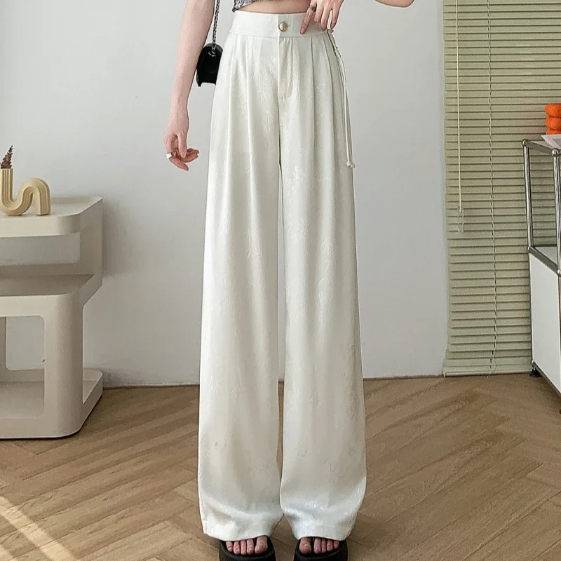 سيوليش 2025 ربيع وصيف جديد النمط الصيني الساتان بنطال ذو قصة أرجل واسعة عالية الخصر التطريز الكورية بناطيل فضفاضة غير رسمية الإناث #4