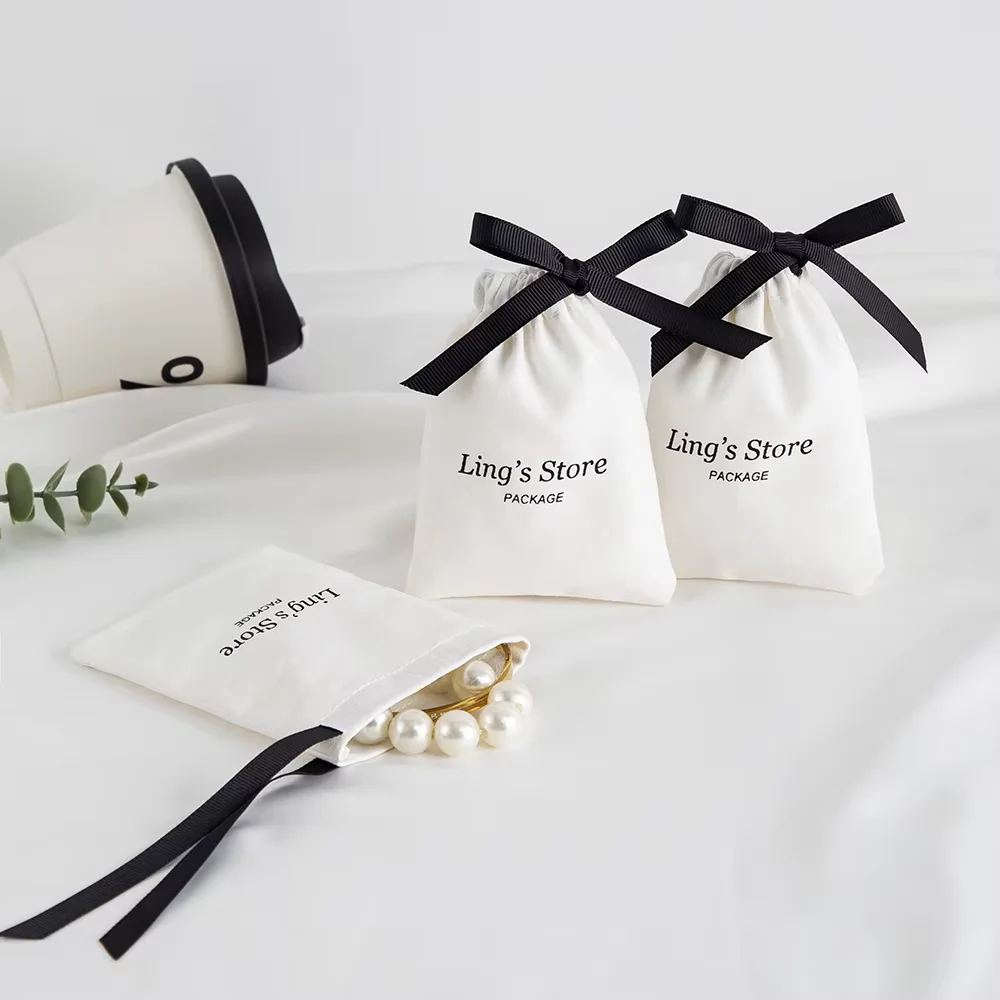 50/100Pcs White Canvas Cotton Drawstring Burlap Bag Gift Packing Pouch Earrings Pendant Jewelry Custom Logo Packaging Organizer