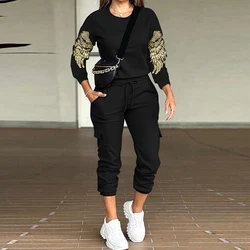 Casual O Neck Long Sleeved Pullover and Pants Suit Vintage Patterned Printed Loose Women Outfits New Autumn Sports Two Piece Set