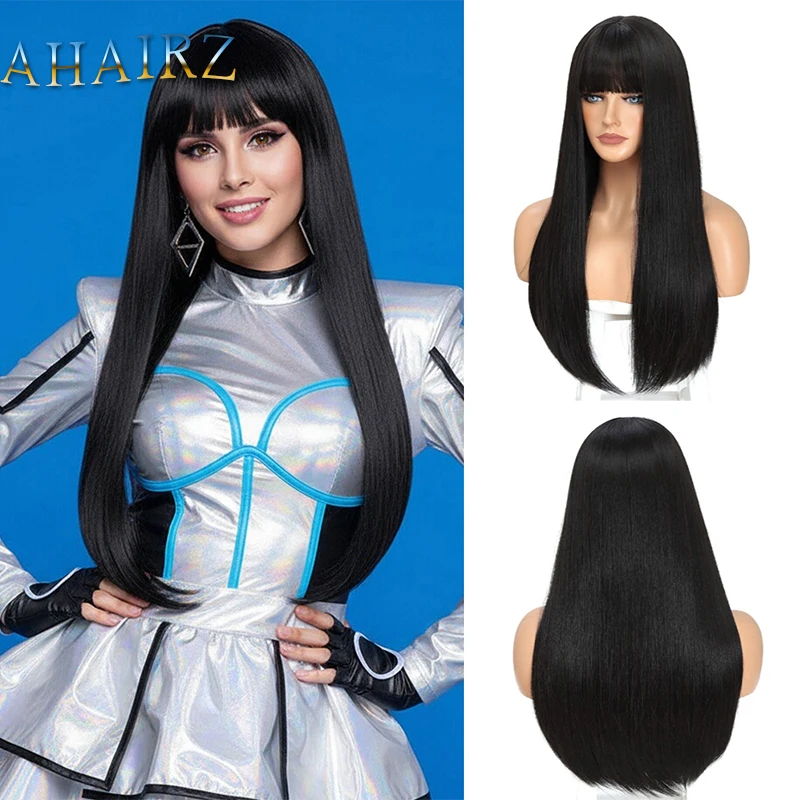 

Синтетический длинный прямой черный парик с челкой для женщин, повседневный косплей, вечерние накладные волосы, термостойкие