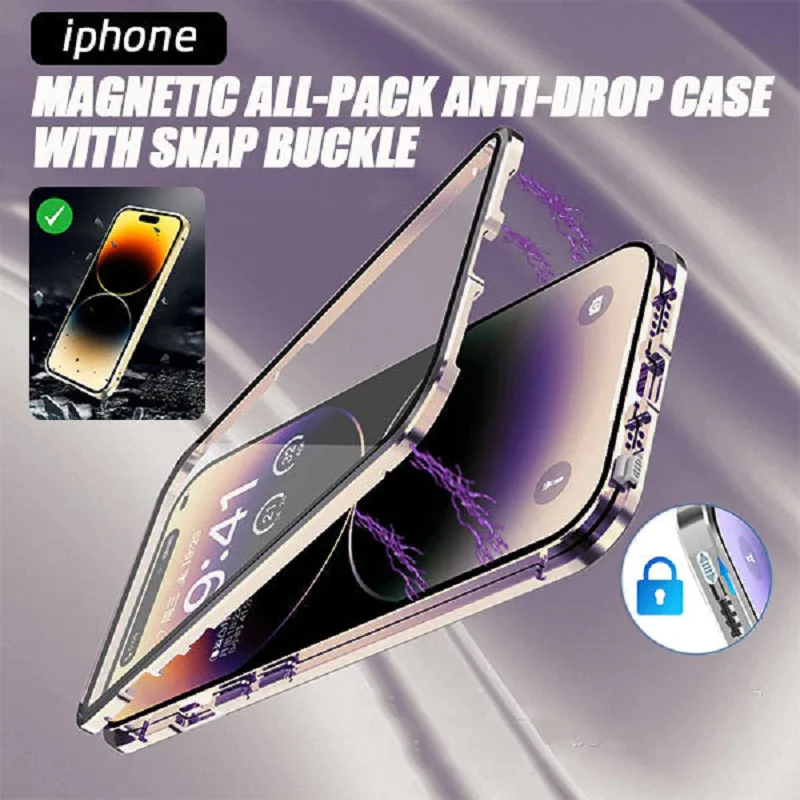 

Magnetic Anti-drop Phone Case Double Sided Glass Snap Buckle For iPhone 14 13 Pro Max Case Shockproof Camera Lens Protection