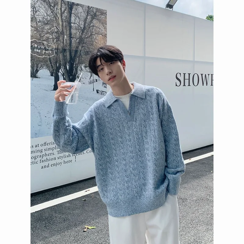 

Korean Style Fake Two Piece Lapel Pullover Sweater for Men Winter Loose Solid Color Casual Thickened Warm Jacket