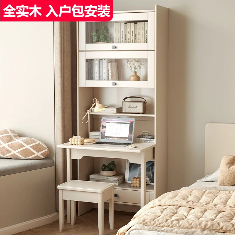 Folding desk bookcase integrated bedroom one-piece computer table bookshelf combination household small apartment cream style st