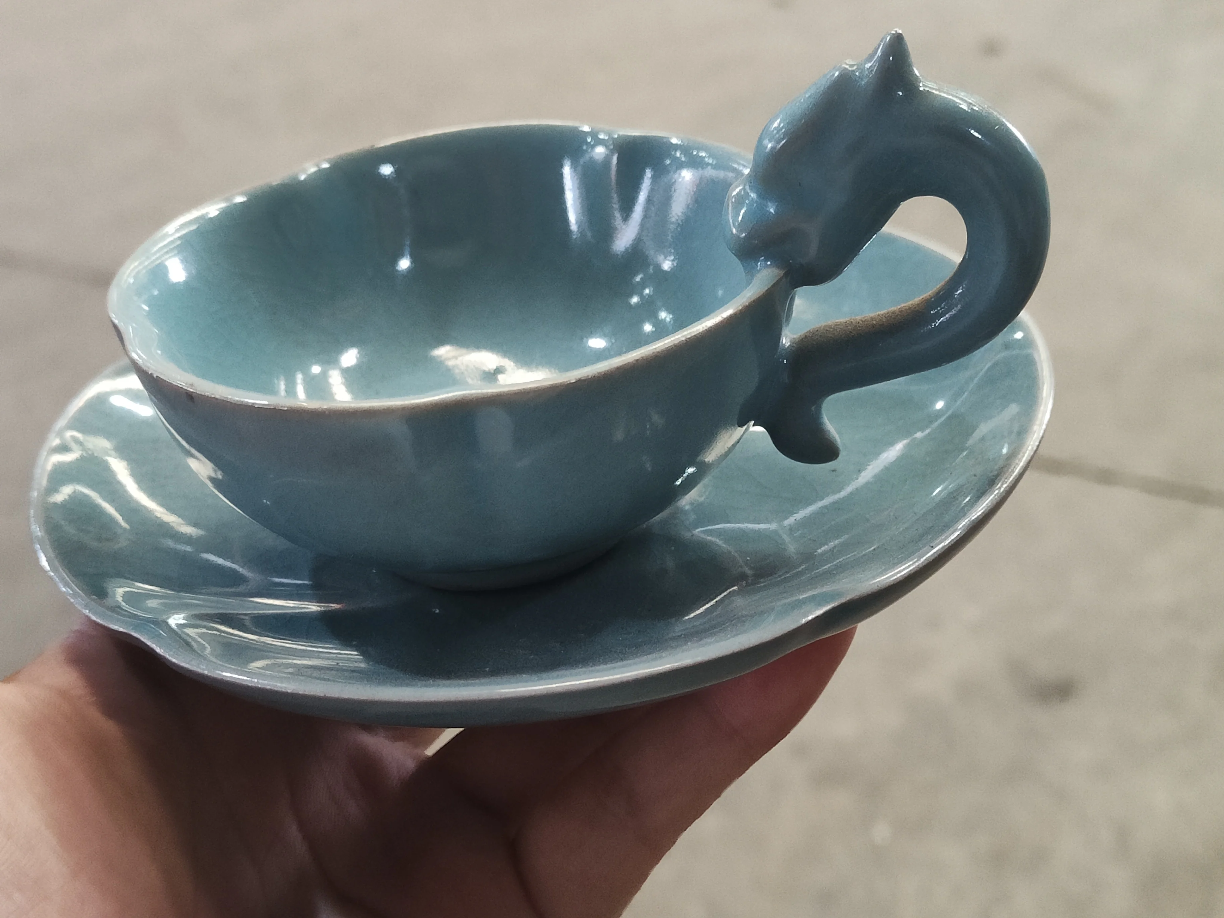 Ru Kiln double-eared sky blue glaze Dragon Roar set cup, dragon handle lotus leaf pattern cup, classical home porcelain