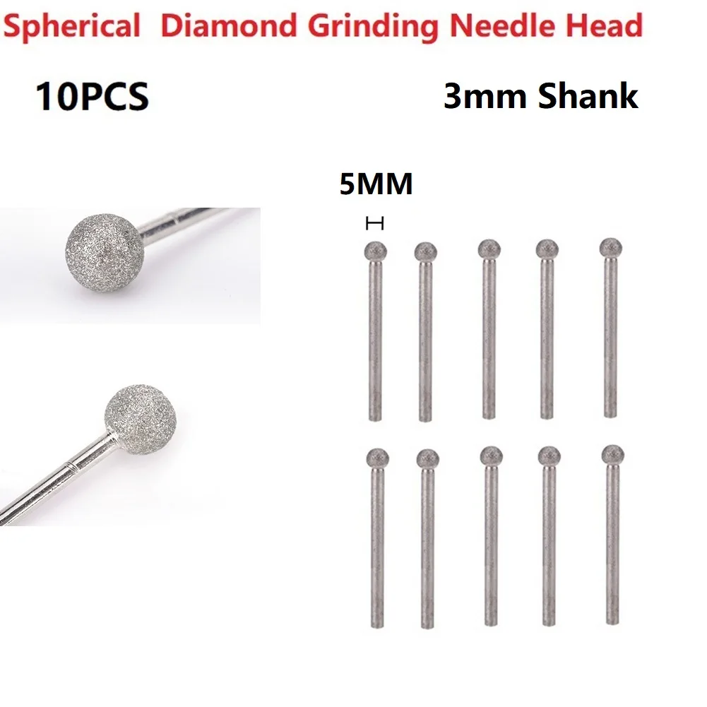 Grinding Needle Head 3mm Shank 4/5/6/8/10/12mm Carving Diamond Dressing Polishing Round Ball Shape Sculpting 33-40mm Length