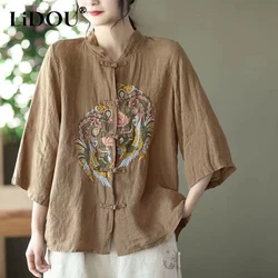 2023 Spring Summer Vintage Elegant Stand Collar Single Breasted Shirt Women Chinese Style Embroidered Frog Loose Cotton Hemp Top