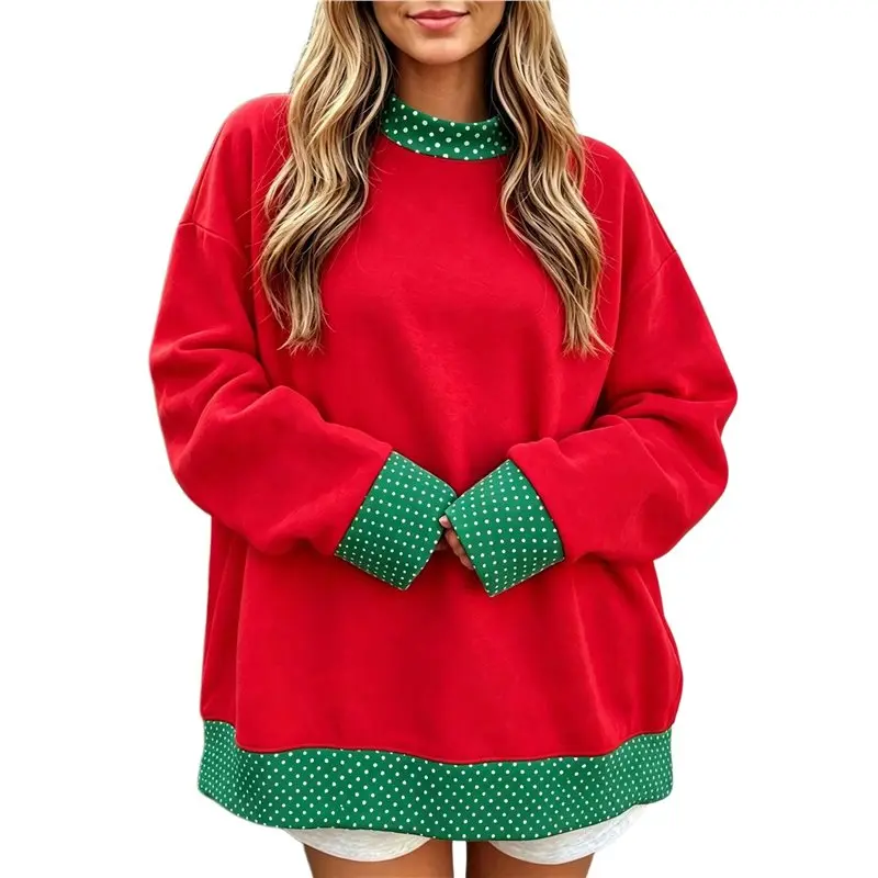 Women's Polka Dot Patch Mock Neck Sweatshirts Drop Shoulder Oversized Light Weight Tops Red S Eco-Friendly