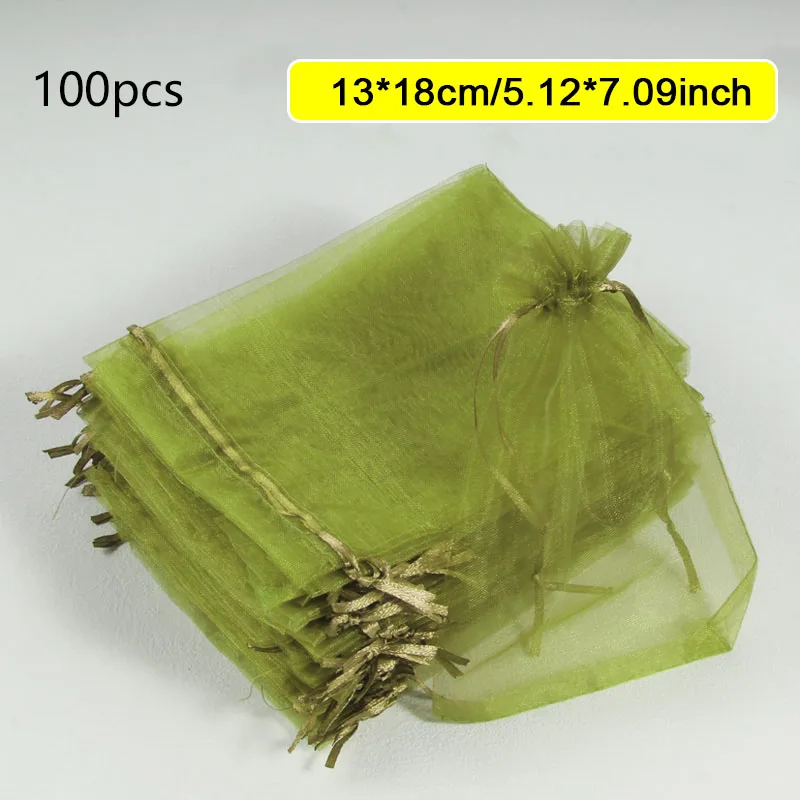 100 Stück armeegrün, verschiedene Größen, atmungsaktive Organza-Obstnetztaschen für Mango, Blumen, Bananen, schützen Pflanzen vor Beschädigungen