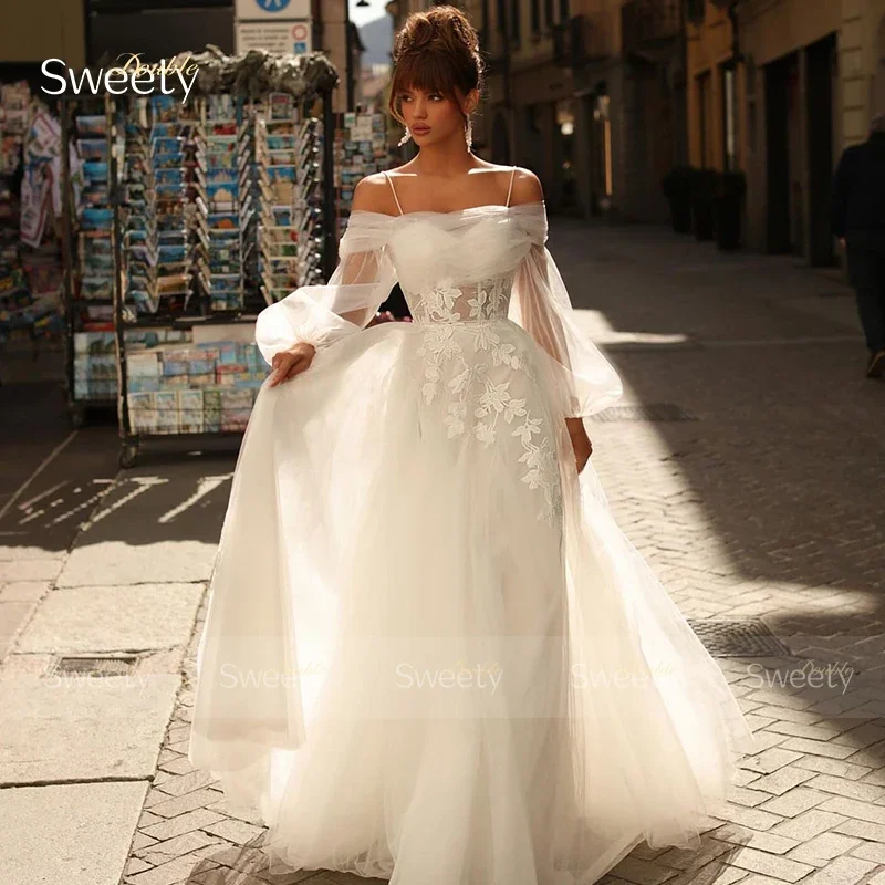 

Off The Shoulder Wedding Dress Organza With Embroidery A-Line Floor Length Ball Gown Square Collar Detachable Puff Sleeves Butto