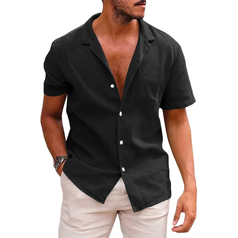 2023 Summer T-shirt Men\'s Casual Lapel Button Cotton Linen Tshirt Solid Short Sleeve Shirt